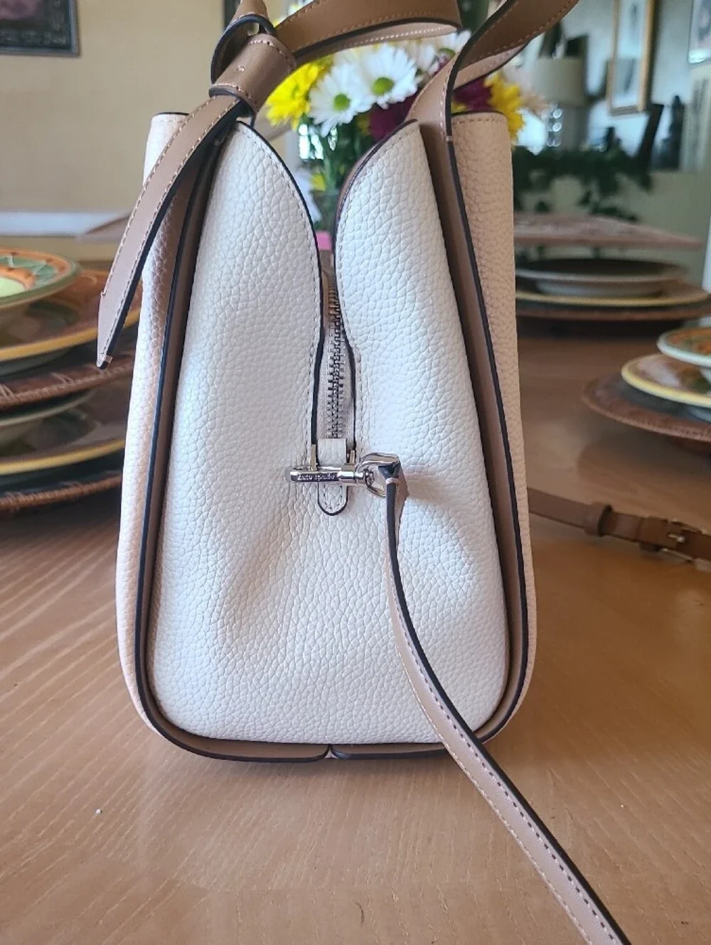 kate spade Pebbled Leather Shoulder Bag in Cream and Tan